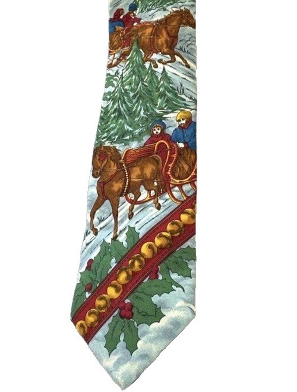 Vtg LANDS END SILK Mens TIE “SLEIGH RIDE TO GRANDMAS HOUSE” 3.5” Hand Sewn USA